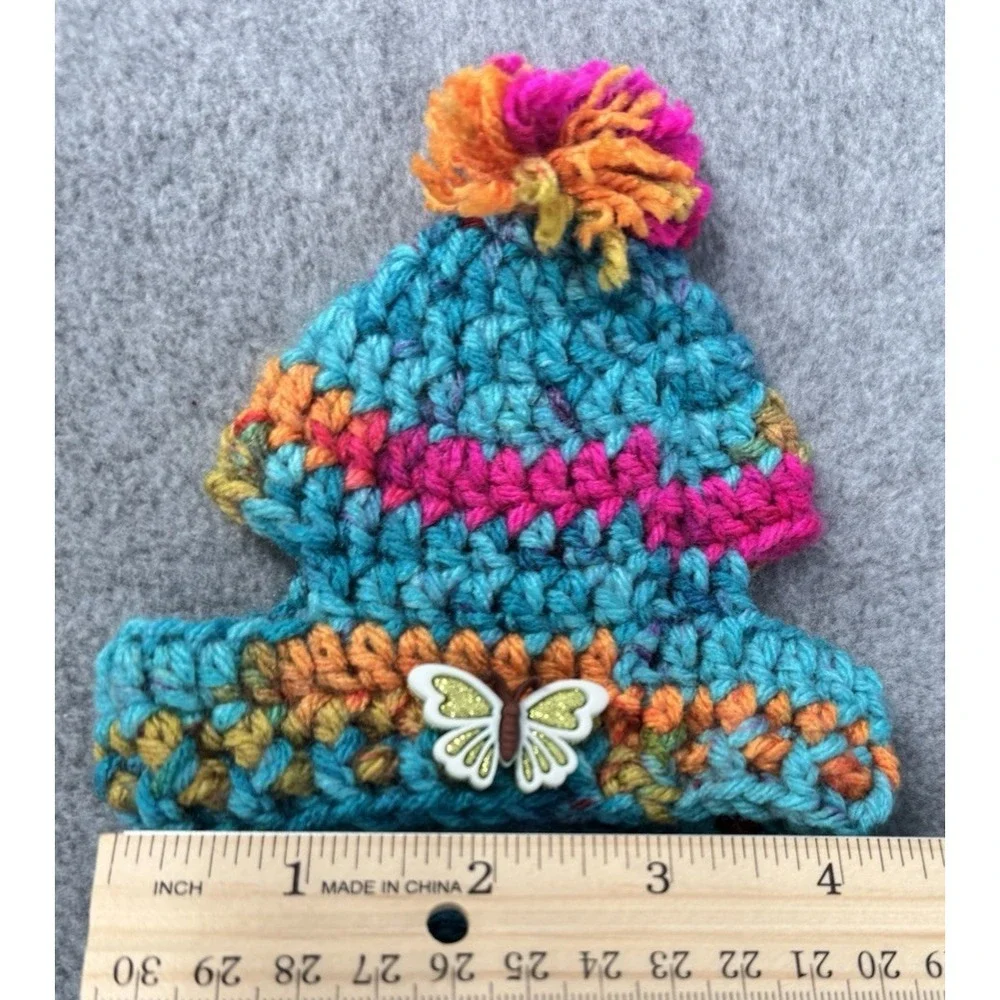 Dog Sweater & Hat Set Small Teal Multicolor‎ Handmade Crochet Pom Pom Puppy